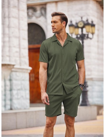 Men's Slim Fit Casual Button-Down Shirt - Short Sleeve, Solid Color, Breathable Polyester - Perfect for Beach & Summer Outings, PLUS SIZE