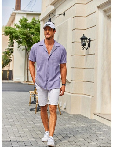 Men's Slim Fit Casual Button-Down Shirt - Short Sleeve, Solid Color, Breathable Polyester - Perfect for Beach & Summer Outings, PLUS SIZE