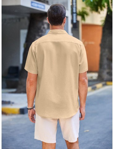 Men'S Short Sleeve Casual Button-Down Shirts - Woven Cotton, Regular Fit, Collar, Non-Stretch Fabric, Solid Color, Summer Beach Shirt Top, Plus Size