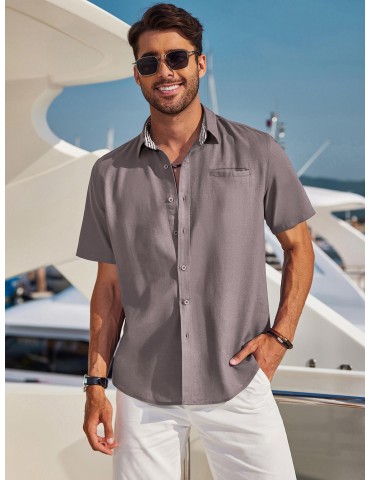 Men'S Short Sleeve Casual Button-Down Shirts - Woven Cotton, Regular Fit, Collar, Non-Stretch Fabric, Solid Color, Summer Beach Shirt Top, Plus Size