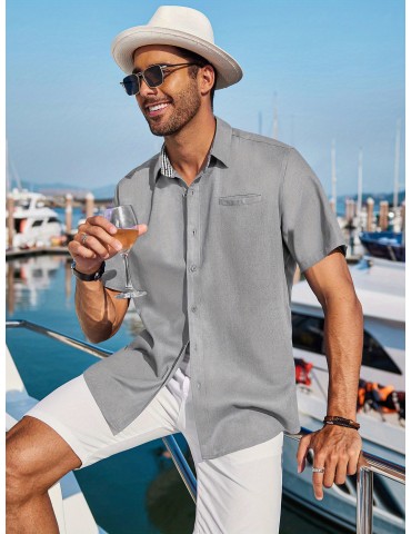 Men'S Short Sleeve Casual Button-Down Shirts - Woven Cotton, Regular Fit, Collar, Non-Stretch Fabric, Solid Color, Summer Beach Shirt Top, Plus Size