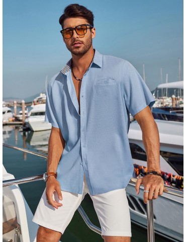 Men'S Short Sleeve Casual Button-Down Shirts - Woven Cotton, Regular Fit, Collar, Non-Stretch Fabric, Solid Color, Summer Beach Shirt Top, Plus Size