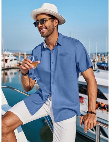 Men'S Short Sleeve Casual Button-Down Shirts - Woven Cotton, Regular Fit, Collar, Non-Stretch Fabric, Solid Color, Summer Beach Shirt Top, Plus Size