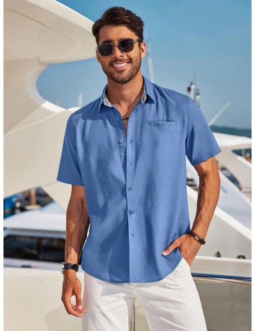 Men'S Short Sleeve Casual Button-Down Shirts - Woven Cotton, Regular Fit, Collar, Non-Stretch Fabric, Solid Color, Summer Beach Shirt Top, Plus Size