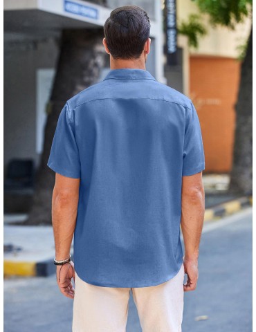 Men'S Short Sleeve Casual Button-Down Shirts - Woven Cotton, Regular Fit, Collar, Non-Stretch Fabric, Solid Color, Summer Beach Shirt Top, Plus Size