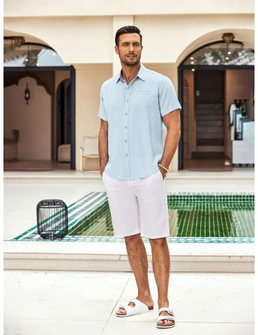 Men'S Short Sleeve Casual Button-Down Shirts - Woven Cotton, Regular Fit, Collar, Non-Stretch Fabric, Solid Color, Summer Beach Shirt Top, Plus Size