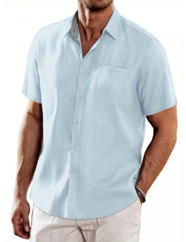 Men'S Short Sleeve Casual Button-Down Shirts - Woven Cotton, Regular Fit, Collar, Non-Stretch Fabric, Solid Color, Summer Beach Shirt Top, Plus Size