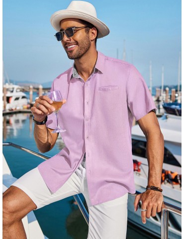 Men'S Short Sleeve Casual Button-Down Shirts - Woven Cotton, Regular Fit, Collar, Non-Stretch Fabric, Solid Color, Summer Beach Shirt Top, Plus Size