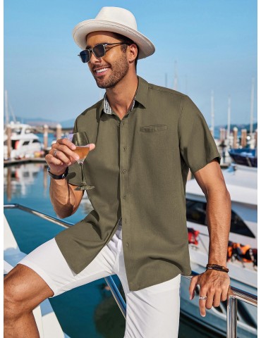 Men'S Short Sleeve Casual Button-Down Shirts - Woven Cotton, Regular Fit, Collar, Non-Stretch Fabric, Solid Color, Summer Beach Shirt Top, Plus Size