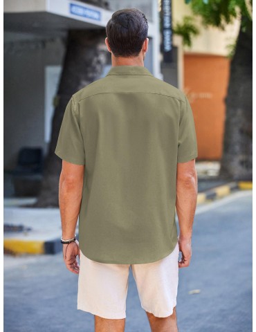 Men'S Short Sleeve Casual Button-Down Shirts - Woven Cotton, Regular Fit, Collar, Non-Stretch Fabric, Solid Color, Summer Beach Shirt Top, Plus Size