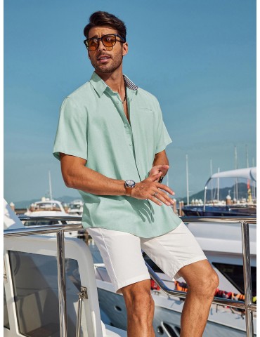 Men'S Short Sleeve Casual Button-Down Shirts - Woven Cotton, Regular Fit, Collar, Non-Stretch Fabric, Solid Color, Summer Beach Shirt Top, Plus Size