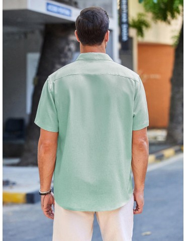 Men'S Short Sleeve Casual Button-Down Shirts - Woven Cotton, Regular Fit, Collar, Non-Stretch Fabric, Solid Color, Summer Beach Shirt Top, Plus Size