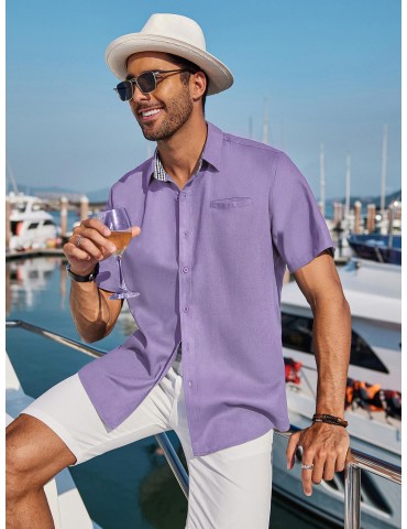 Men'S Short Sleeve Casual Button-Down Shirts - Woven Cotton, Regular Fit, Collar, Non-Stretch Fabric, Solid Color, Summer Beach Shirt Top, Plus Size