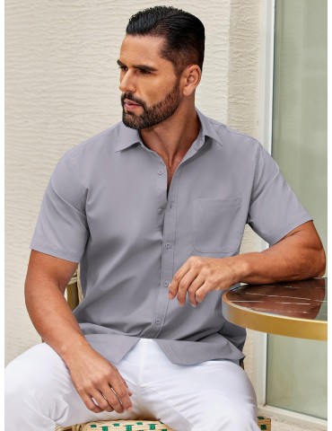 Mens Short Sleeve Casual Button Down Shirts Summer Untucked Dress Shirts with Pocket