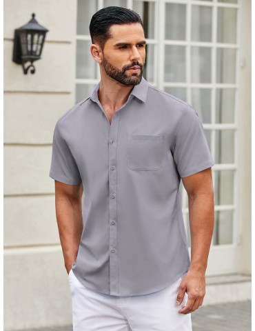 Mens Short Sleeve Casual Button Down Shirts Summer Untucked Dress Shirts with Pocket