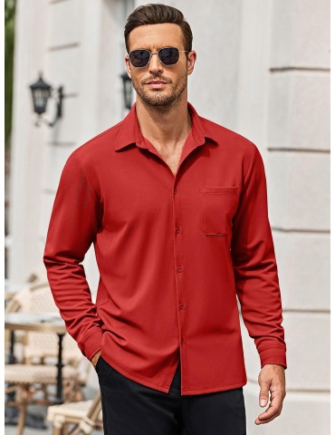 Men'S Plus Size Casual Button-Down Shirts, Long Sleeve, Wrinkle-Free, Polyester, Non-Stretch, Solid Color, Regular Fit, with Woven Fabric for Spring/Fall