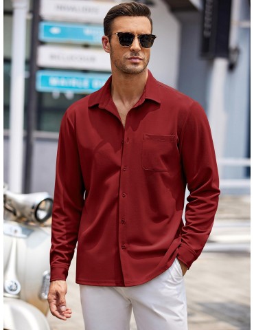 Men'S Plus Size Casual Button-Down Shirts, Long Sleeve, Wrinkle-Free, Polyester, Non-Stretch, Solid Color, Regular Fit, with Woven Fabric for Spring/Fall