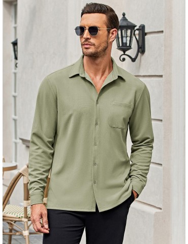 Men'S Plus Size Casual Button-Down Shirts, Long Sleeve, Wrinkle-Free, Polyester, Non-Stretch, Solid Color, Regular Fit, with Woven Fabric for Spring/Fall