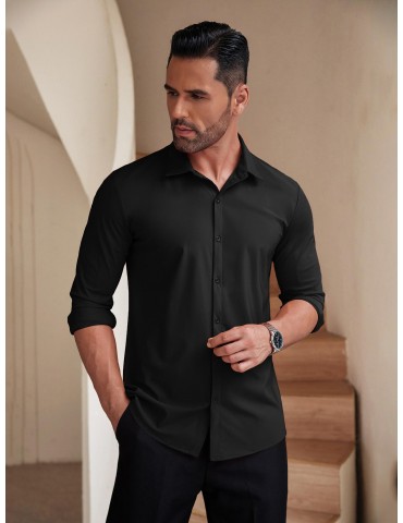 Men's Stretch Wrinkle-Free Long Sleeve Casual Button Down Shirts Muscle Fit Dress Shirts