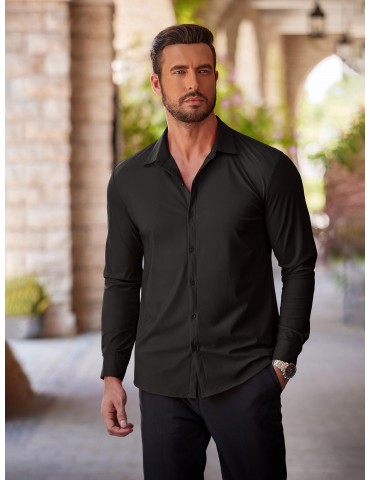 Men's Stretch Wrinkle-Free Long Sleeve Casual Button Down Shirts Muscle Fit Dress Shirts