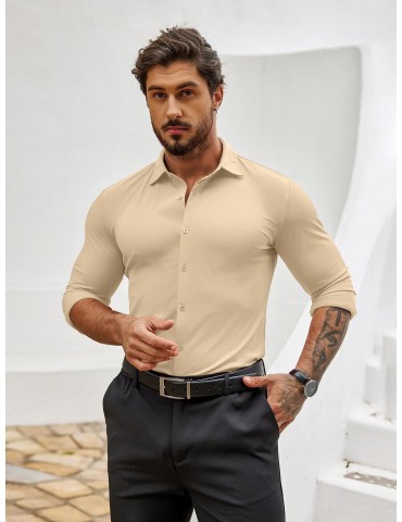 Men's Stretch Wrinkle-Free Long Sleeve Casual Button Down Shirts Muscle Fit Dress Shirts