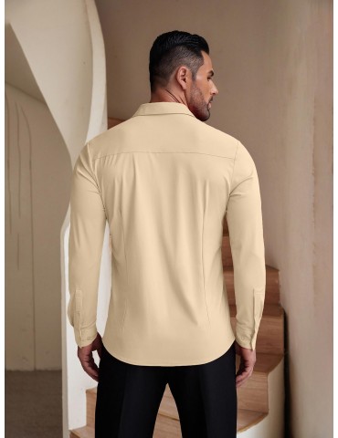 Men's Stretch Wrinkle-Free Long Sleeve Casual Button Down Shirts Muscle Fit Dress Shirts