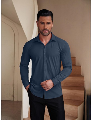 Men's Stretch Wrinkle-Free Long Sleeve Casual Button Down Shirts Muscle Fit Dress Shirts