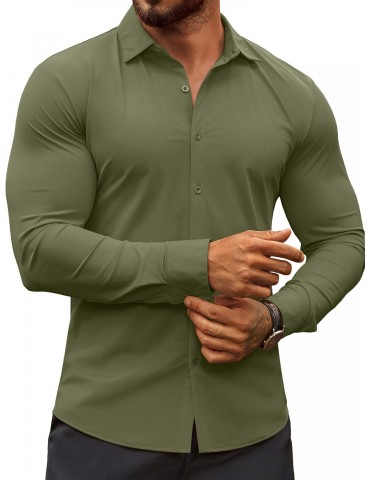 Men's Stretch Wrinkle-Free Long Sleeve Casual Button Down Shirts Muscle Fit Dress Shirts