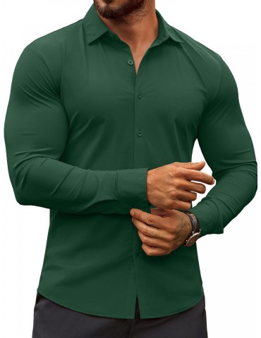 Men's Stretch Wrinkle-Free Long Sleeve Casual Button Down Shirts Muscle Fit Dress Shirts