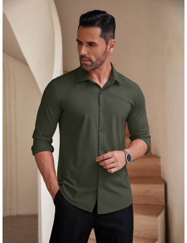 Men's Stretch Wrinkle-Free Long Sleeve Casual Button Down Shirts Muscle Fit Dress Shirts