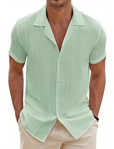 Men'S Plus Size Casual Button-Down Shirts, Polyester & Spandex Blend, Slight Stretch, Solid Color, Short Sleeve, Regular Fit, with Woven Heart Neck Collar for All Seasons