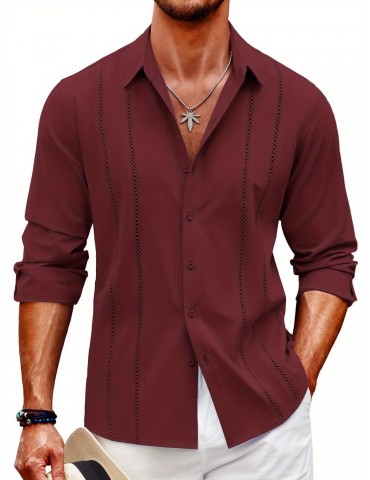 Men'S Cuban Guayabera Long Sleeve Shirt - Casual Woven Linen Beach Shirt, Regular Fit, Button Down, Non-Stretch Polyester Fabric, Solid Color, Appropriate for Adult Men, Spring/Fall Season Essentials, Plus Size