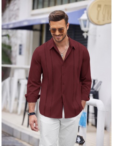 Men'S Cuban Guayabera Long Sleeve Shirt - Casual Woven Linen Beach Shirt, Regular Fit, Button Down, Non-Stretch Polyester Fabric, Solid Color, Appropriate for Adult Men, Spring/Fall Season Essentials, Plus Size