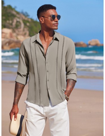 Men'S Cuban Guayabera Long Sleeve Shirt - Casual Woven Linen Beach Shirt, Regular Fit, Button Down, Non-Stretch Polyester Fabric, Solid Color, Appropriate for Adult Men, Spring/Fall Season Essentials, Plus Size