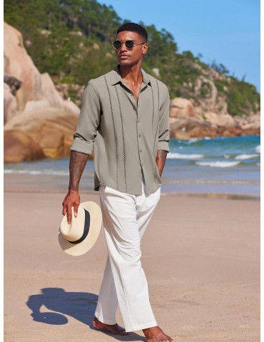 Men'S Cuban Guayabera Long Sleeve Shirt - Casual Woven Linen Beach Shirt, Regular Fit, Button Down, Non-Stretch Polyester Fabric, Solid Color, Appropriate for Adult Men, Spring/Fall Season Essentials, Plus Size