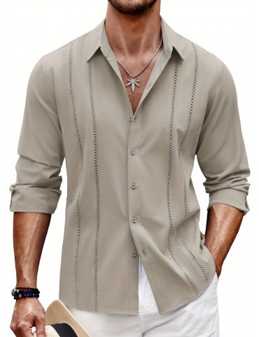 Men'S Cuban Guayabera Long Sleeve Shirt - Casual Woven Linen Beach Shirt, Regular Fit, Button Down, Non-Stretch Polyester Fabric, Solid Color, Appropriate for Adult Men, Spring/Fall Season Essentials, Plus Size