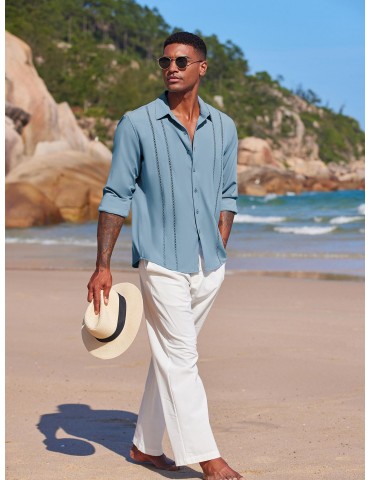 Men'S Cuban Guayabera Long Sleeve Shirt - Casual Woven Linen Beach Shirt, Regular Fit, Button Down, Non-Stretch Polyester Fabric, Solid Color, Appropriate for Adult Men, Spring/Fall Season Essentials, Plus Size