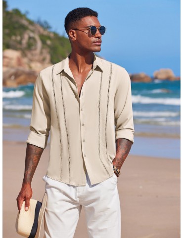 Men'S Cuban Guayabera Long Sleeve Shirt - Casual Woven Linen Beach Shirt, Regular Fit, Button Down, Non-Stretch Polyester Fabric, Solid Color, Appropriate for Adult Men, Spring/Fall Season Essentials, Plus Size