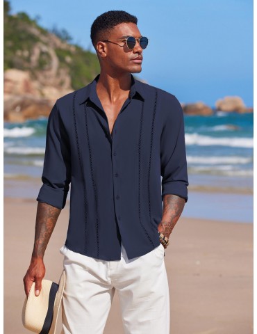 Men'S Cuban Guayabera Long Sleeve Shirt - Casual Woven Linen Beach Shirt, Regular Fit, Button Down, Non-Stretch Polyester Fabric, Solid Color, Appropriate for Adult Men, Spring/Fall Season Essentials, Plus Size