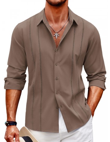 Men'S Cuban Guayabera Long Sleeve Shirt - Casual Woven Linen Beach Shirt, Regular Fit, Button Down, Non-Stretch Polyester Fabric, Solid Color, Appropriate for Adult Men, Spring/Fall Season Essentials, Plus Size