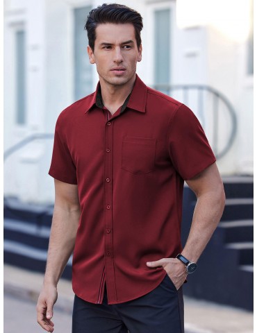 Men's Casual Button Down Shirts Stretch Short Sleeve Business Dress Shirt with Pocket