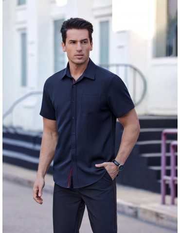 Men's Casual Button Down Shirts Stretch Short Sleeve Business Dress Shirt with Pocket