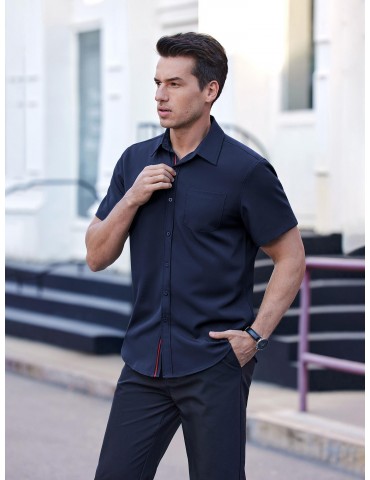 Men's Casual Button Down Shirts Stretch Short Sleeve Business Dress Shirt with Pocket