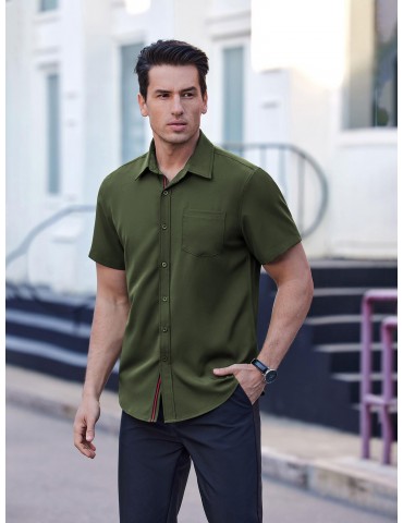 Men's Casual Button Down Shirts Stretch Short Sleeve Business Dress Shirt with Pocket