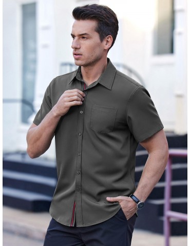 Men's Casual Button Down Shirts Stretch Short Sleeve Business Dress Shirt with Pocket