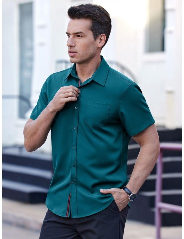 Men's Casual Button Down Shirts Stretch Short Sleeve Business Dress Shirt with Pocket