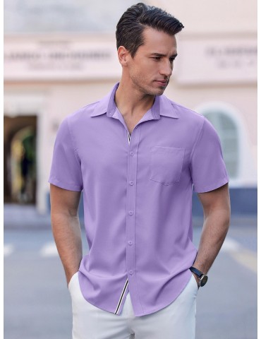 Men's Casual Button Down Shirts Stretch Short Sleeve Business Dress Shirt with Pocket