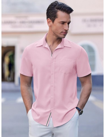 Men's Casual Button Down Shirts Stretch Short Sleeve Business Dress Shirt with Pocket