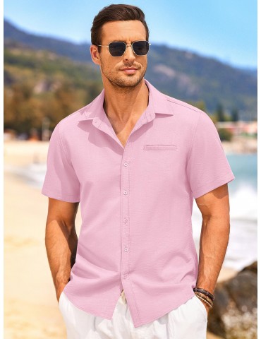 1pc Men'S Casual Linen Blend Short Sleeve Shirt - Summer Beach Button Down with Regular Fit, Solid Color, Basic Style, Suitable for All Seasons, Plus Size