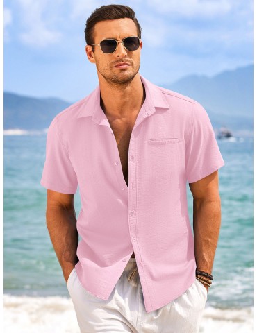 1pc Men'S Casual Linen Blend Short Sleeve Shirt - Summer Beach Button Down with Regular Fit, Solid Color, Basic Style, Suitable for All Seasons, Plus Size